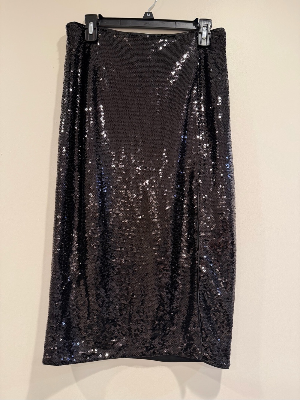 H&M Black Sequin Midi Skirt High Waisted Side Slit Sparkle Pencil Size 8